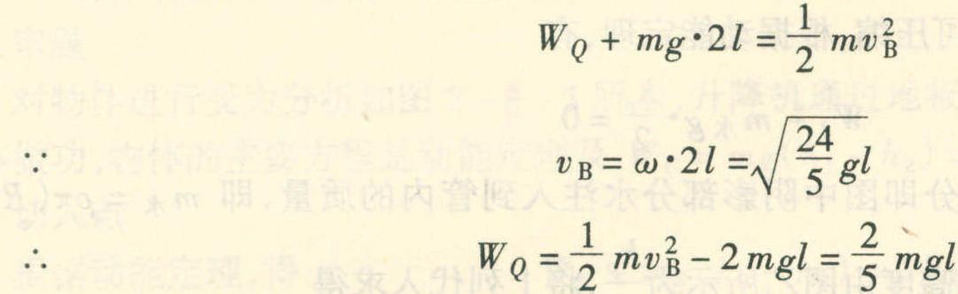 例2 如圖2-4-2所示，質(zhì)量均為m的A、B兩小球用長(zhǎng)均為l的兩桿P、Q連接且在一直線，P桿的另一端懸掛在光滑的水平軸上.將這一系統(tǒng)拉至水平位置放手，求:(1)在擺至豎直位置時(shí)系統(tǒng)的角速度多大?(2)在這一過(guò)程中Q桿對(duì)球B做了多少功?